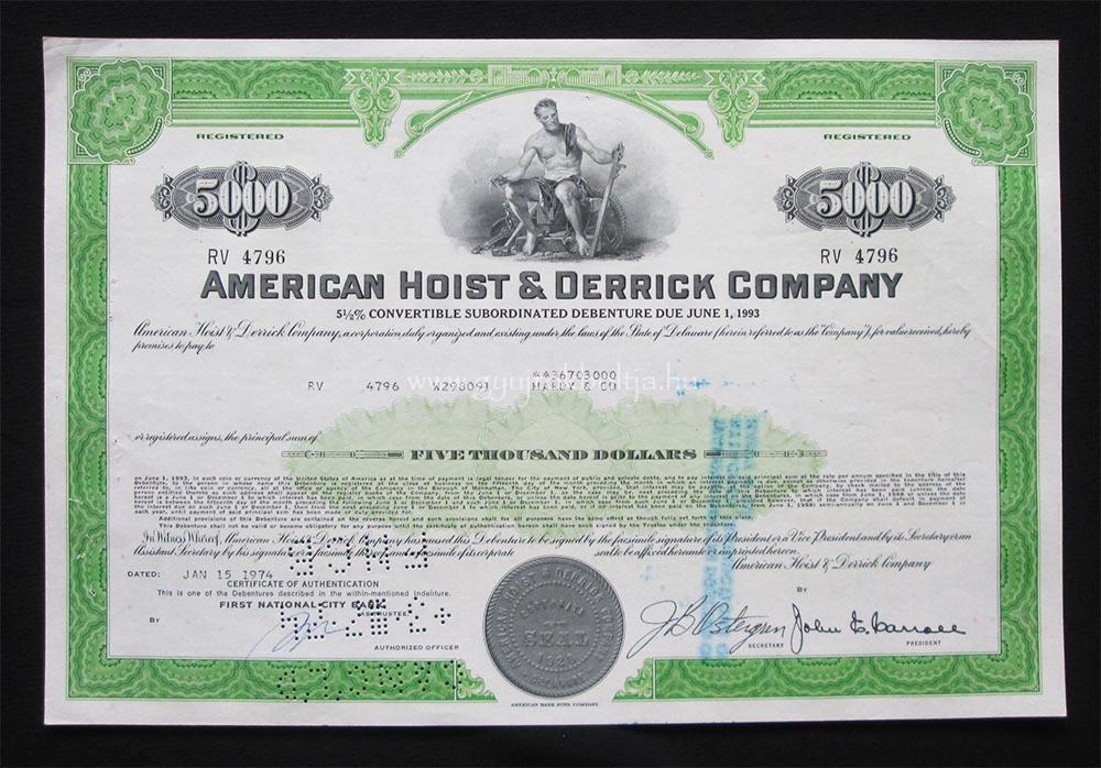 American Hoist & Derrick Company részvény 5000 dollár 1974